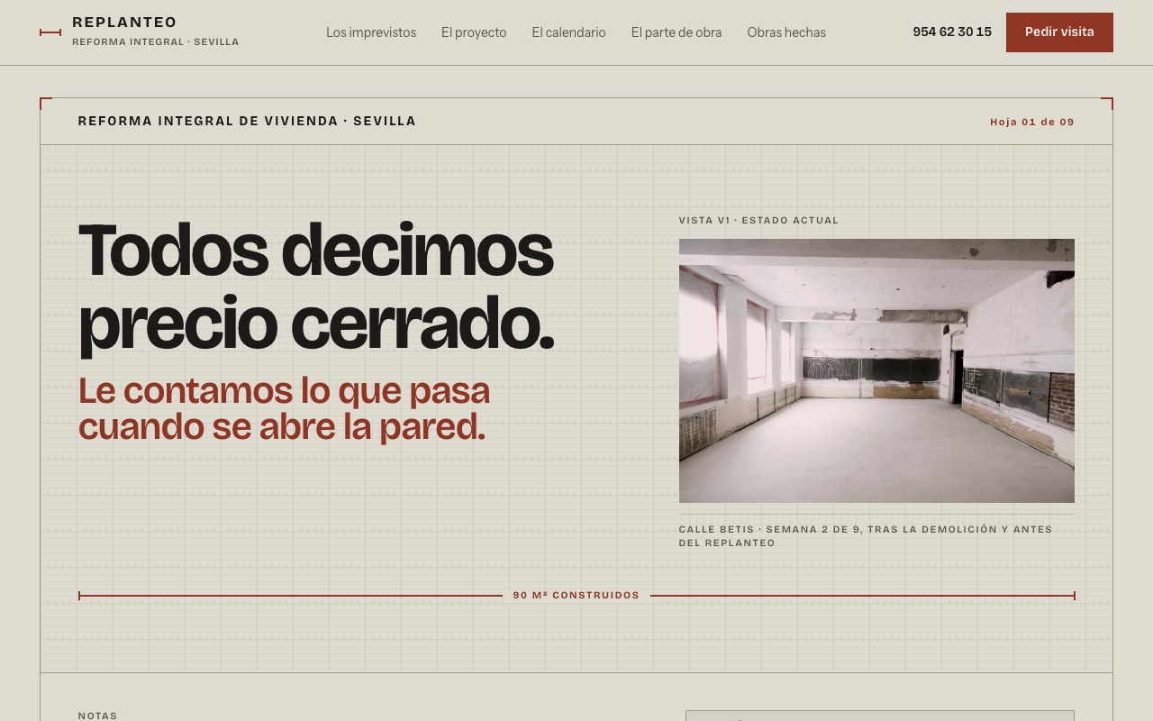 Portada de la web de muestra de REPLANTEO: titular sobre el precio cerrado y habitación con los muros abiertos